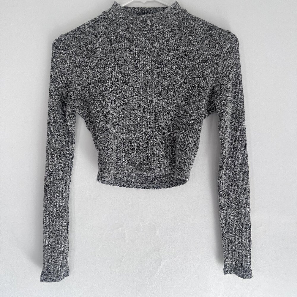 Long Sleeve Grey & Black Ribbed Knit Crew Neck Cropped Knit